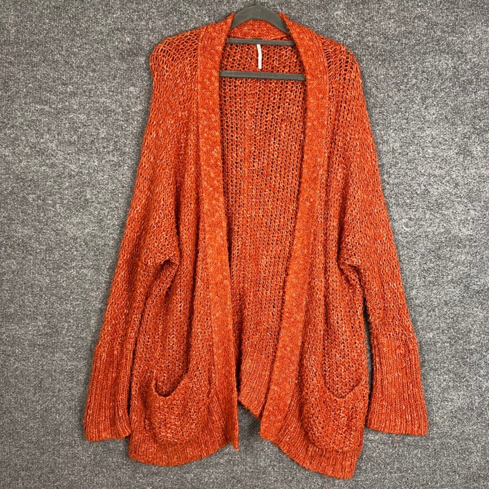 Free People Cardigan Womens L Orange Open Front Chunky Knit Sweater